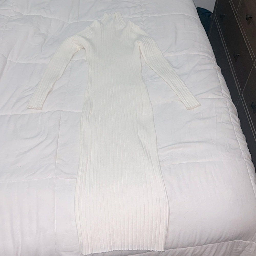 Merokeety turtleneck bodycon cream long sweater dress